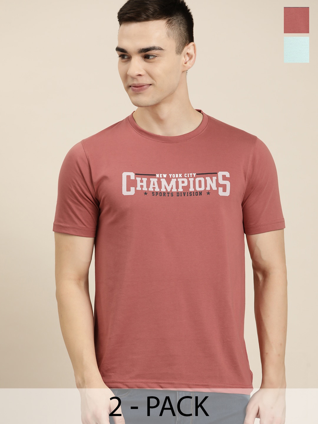 

HERE&NOW Men Pack of 2 Typography Printed T-shirts, Rust