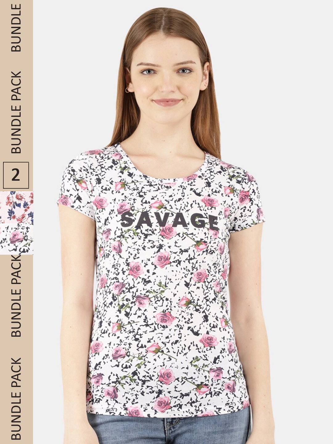 

V-Mart Pack Of 2 Floral Printed Cotton T-shirt, White