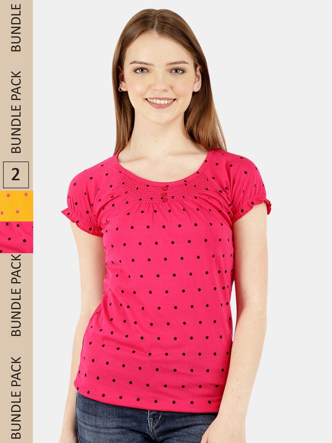

V-Mart Pack Of 2 Polka Dot Printed Cap Sleeve Cotton Top, Pink