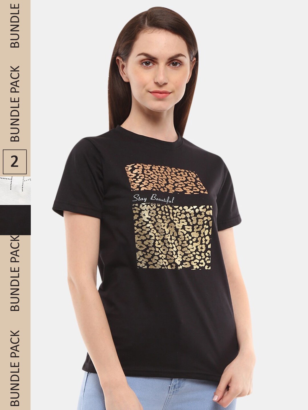 

V-Mart Women White Printed V-Neck T-shirt