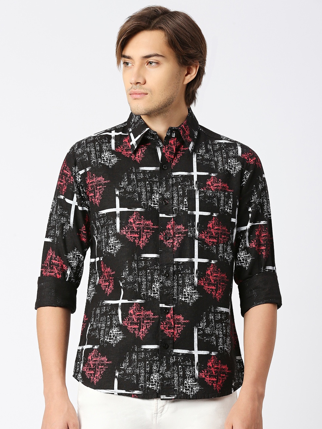 

MOD ECRU Geometric Printed Casual Shirt, Black