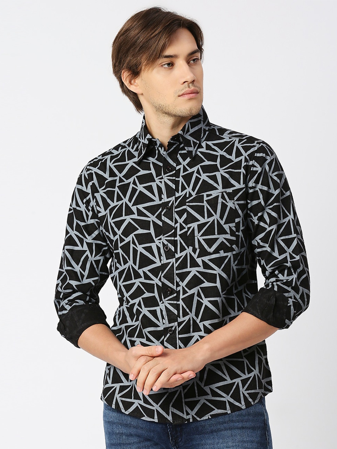 

MOD ECRU Spread Collar Geometric Printed Hemp Bamboo Casual Shirt, Black