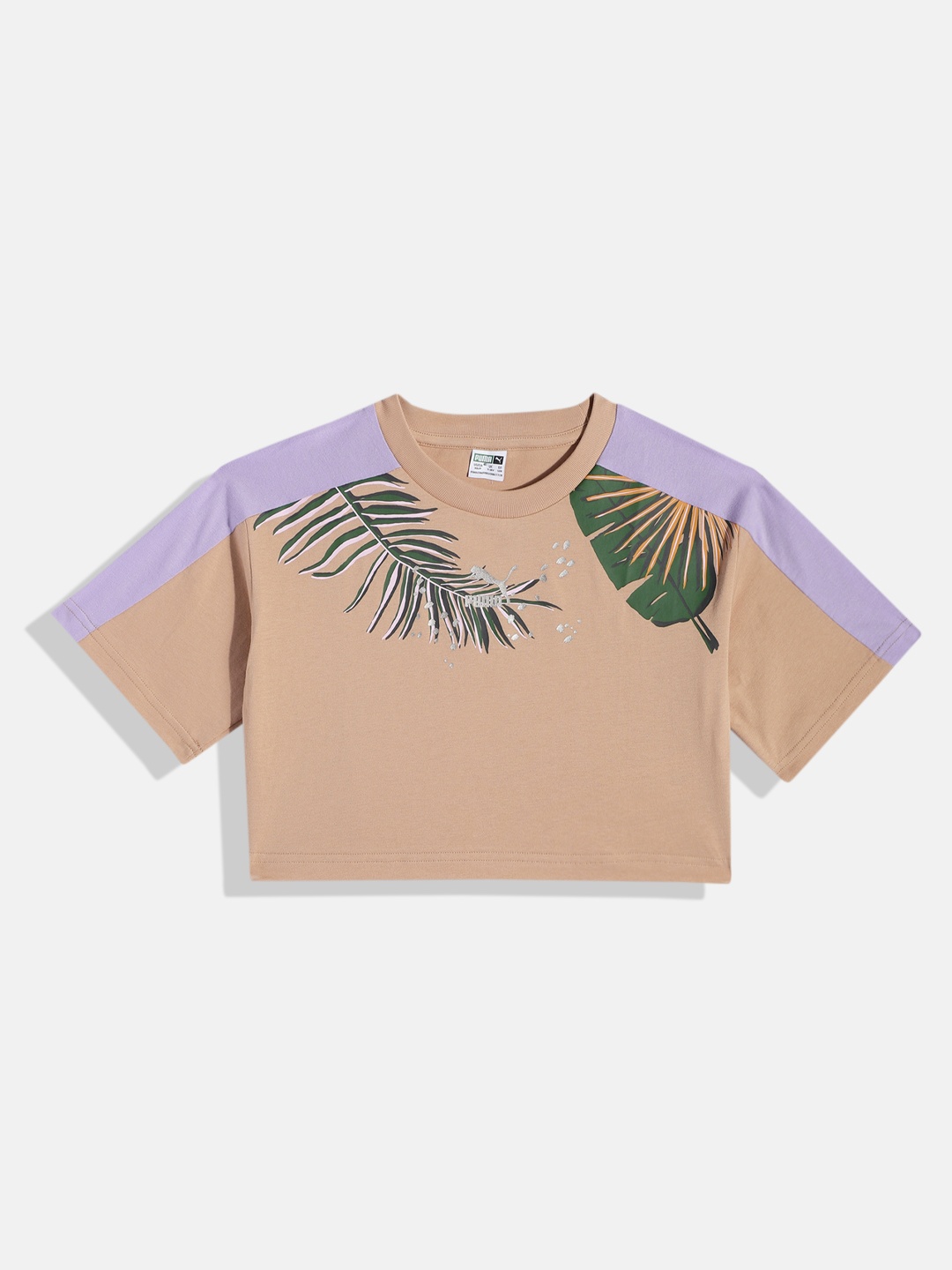 

Puma Girls T7 VACAY QUEEN Graphic Youth Tropical Print Pure Cotton Boxy Crop Top, Nude