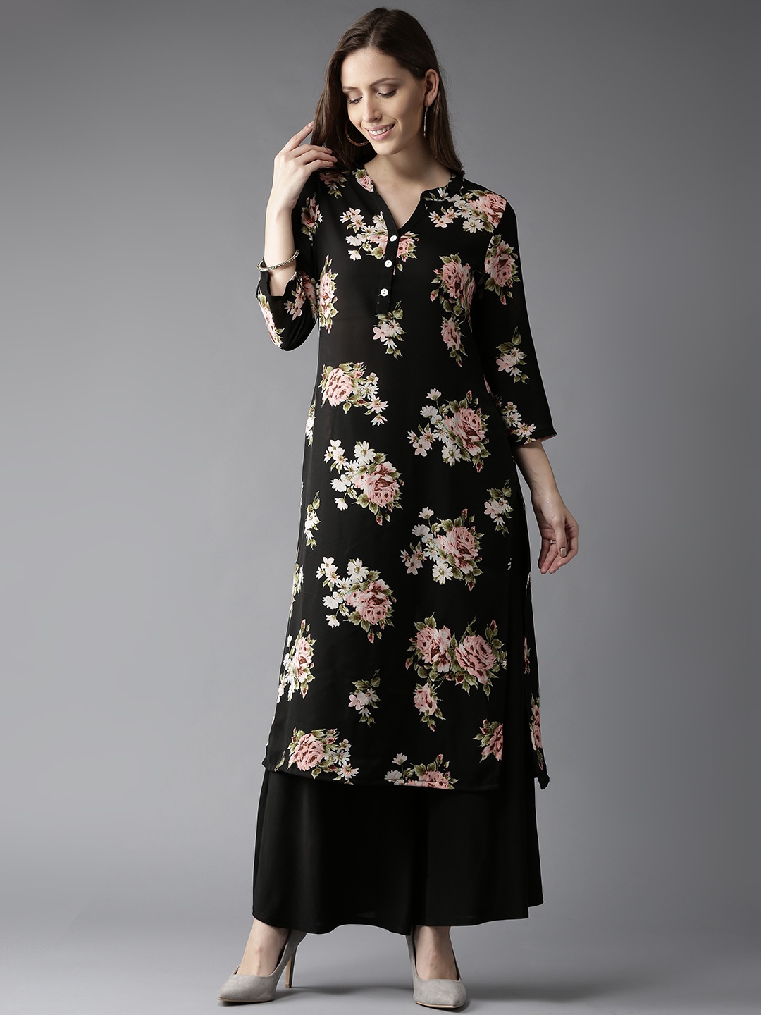 

HERE&NOW Women Black & Pink Floral Print Straight Kurta