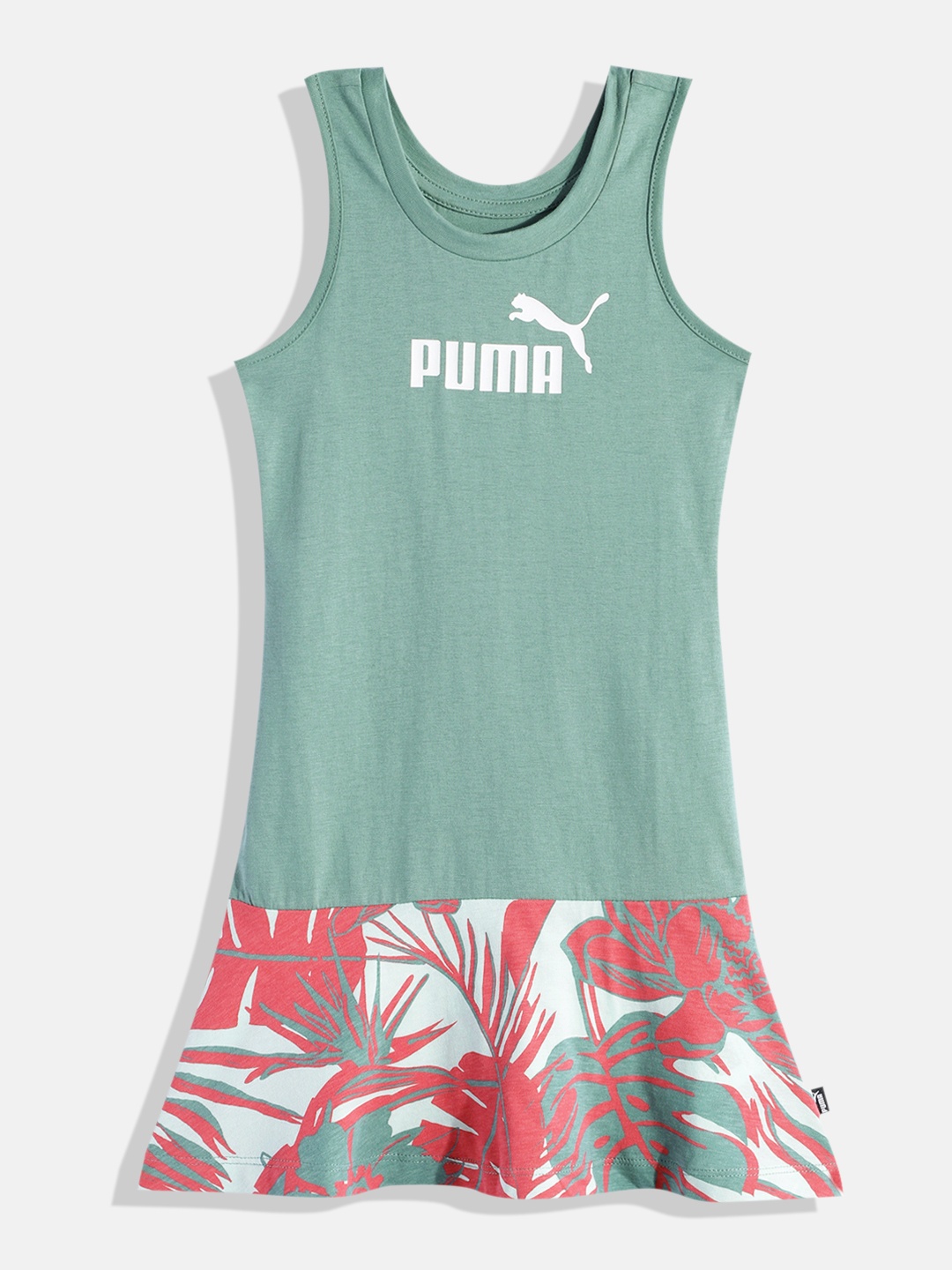 

Puma Girls Tropical Printed Pure Cotton Slim Fit A-Line Dress, Green