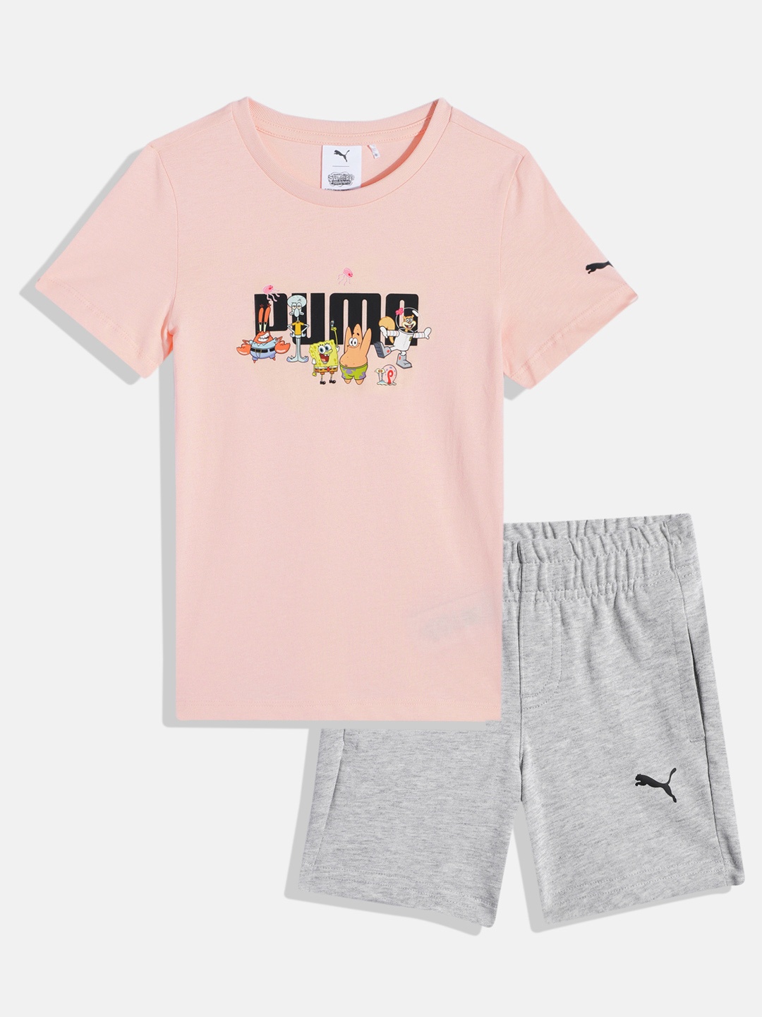

PUMA x SPONGEBOB Kids Brand Logo Printed Regular Fit Pure Cotton T-shirt with Shorts, Pink