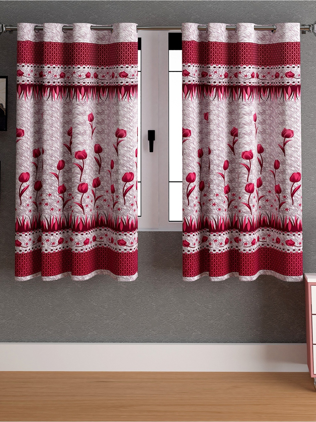 

LA VERNE Maroon & Grey 2 Pieces Floral Window Curtains