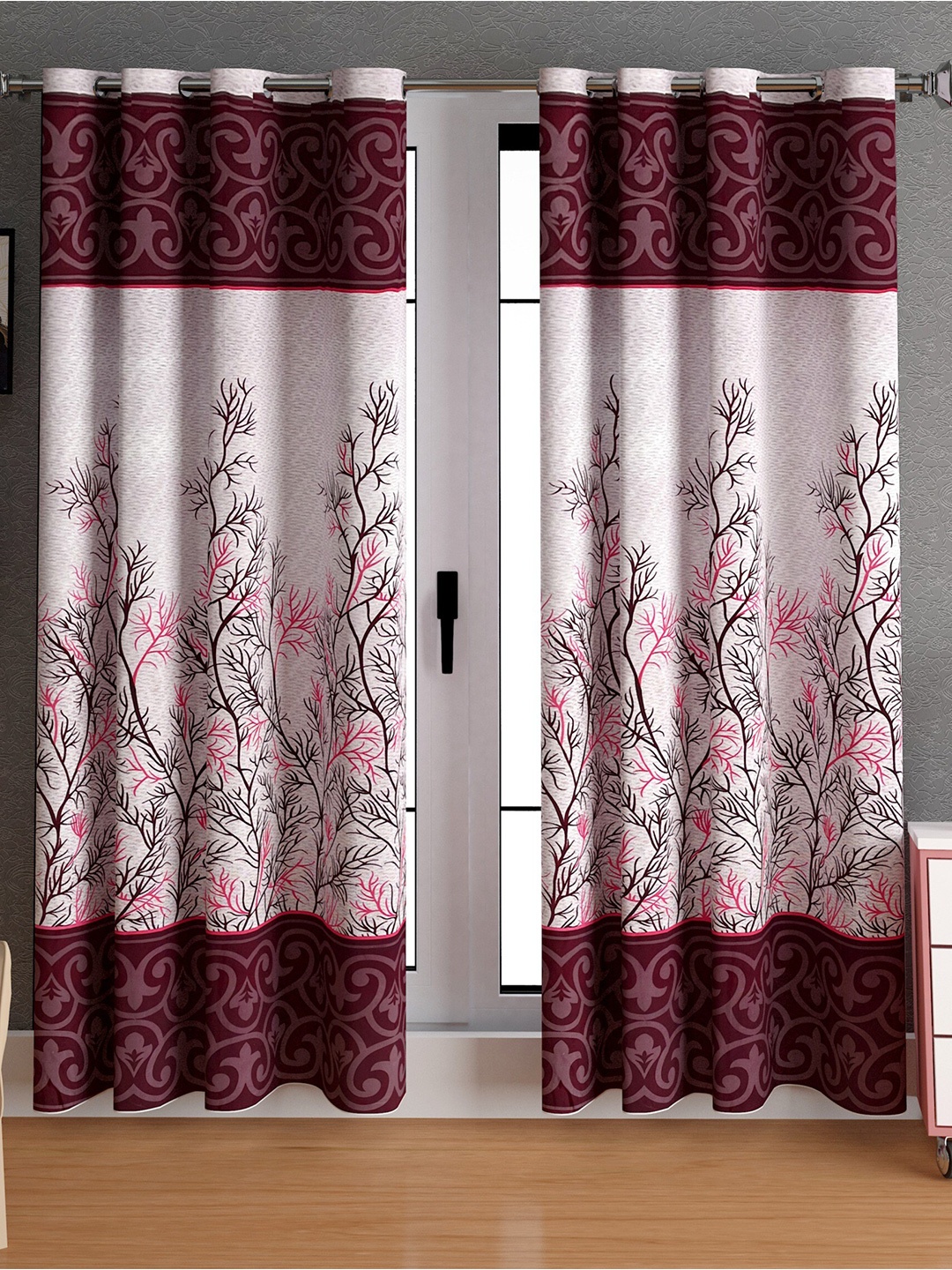 

LA VERNE Maroon & White 2 Pieces Floral Door Curtains