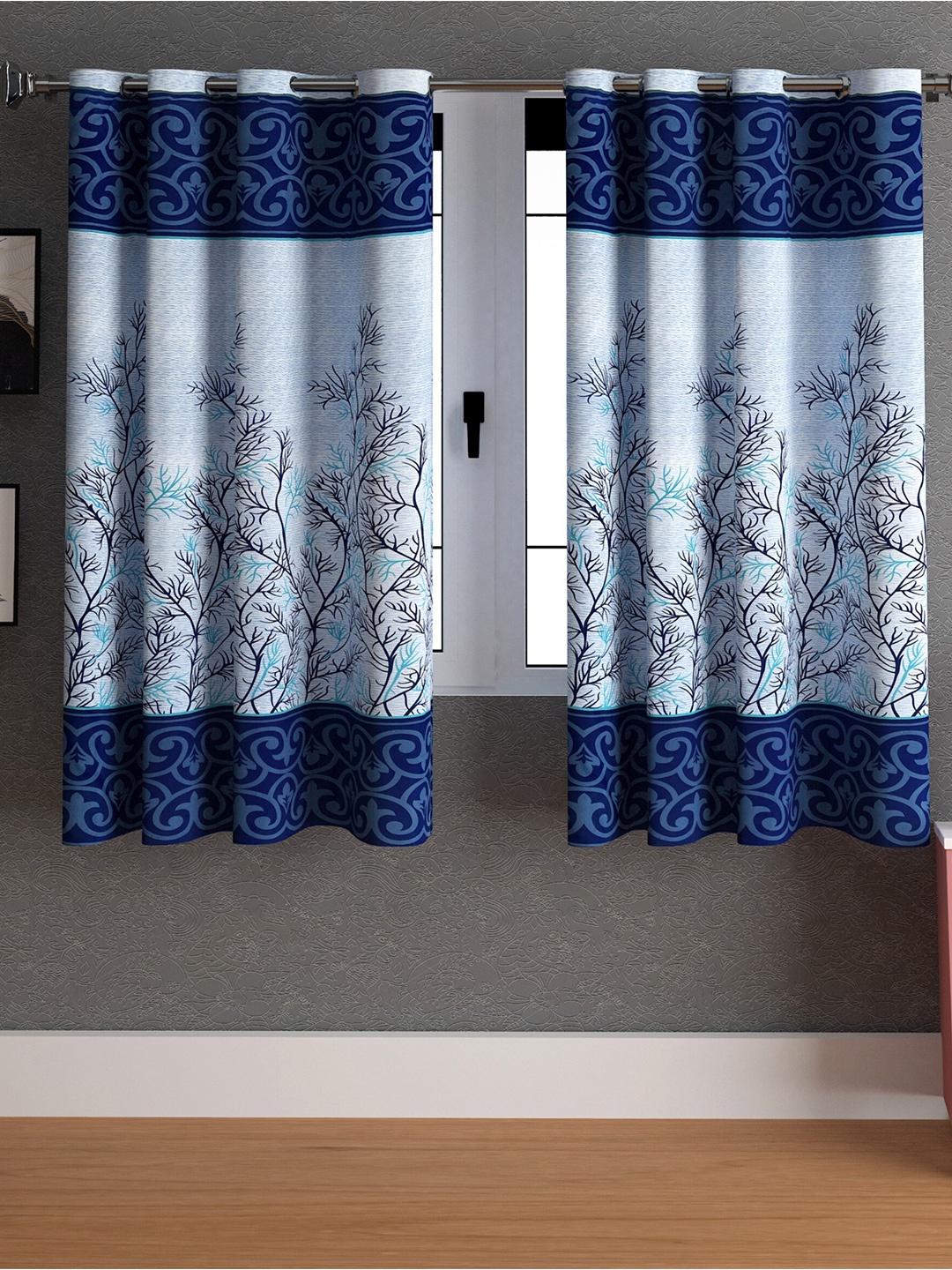 

LA VERNE Blue & Black 2 Pieces Floral Window Curtains