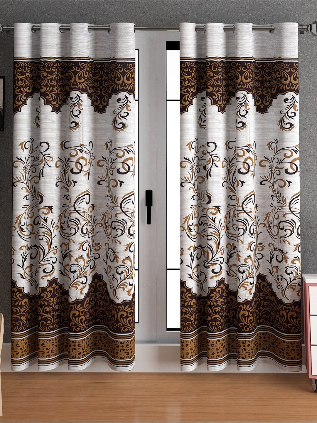 

LA VERNE Brown & White 2 Pieces Floral Door Curtains