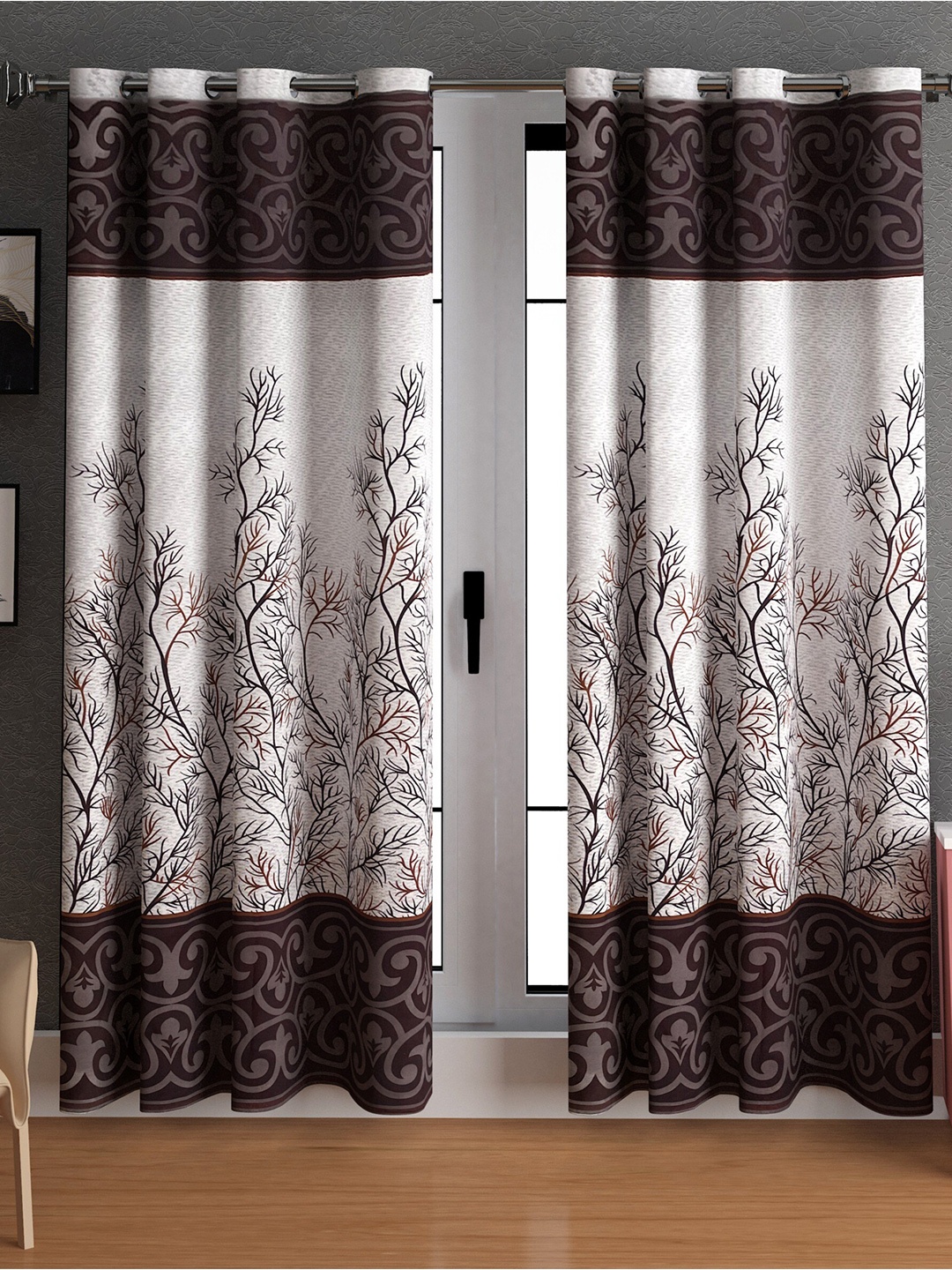 

LA VERNE Brown & White 2 Pieces Floral Door Curtains