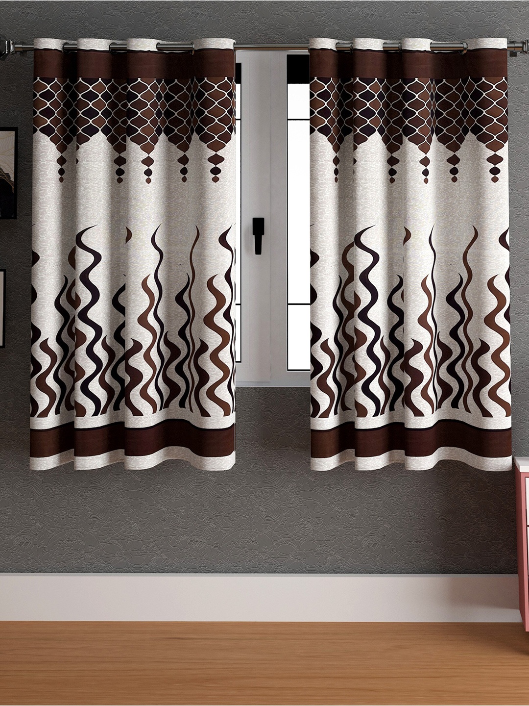 

LA VERNE Brown & White 2 Pieces Abstract Window Curtains