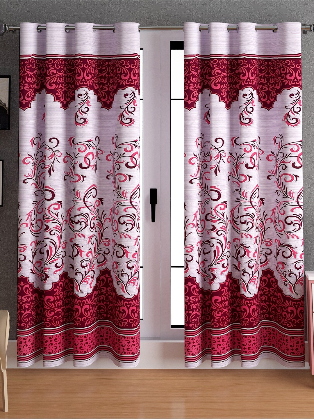 

LA VERNE Maroon & White 2 Pieces Floral Door Curtains