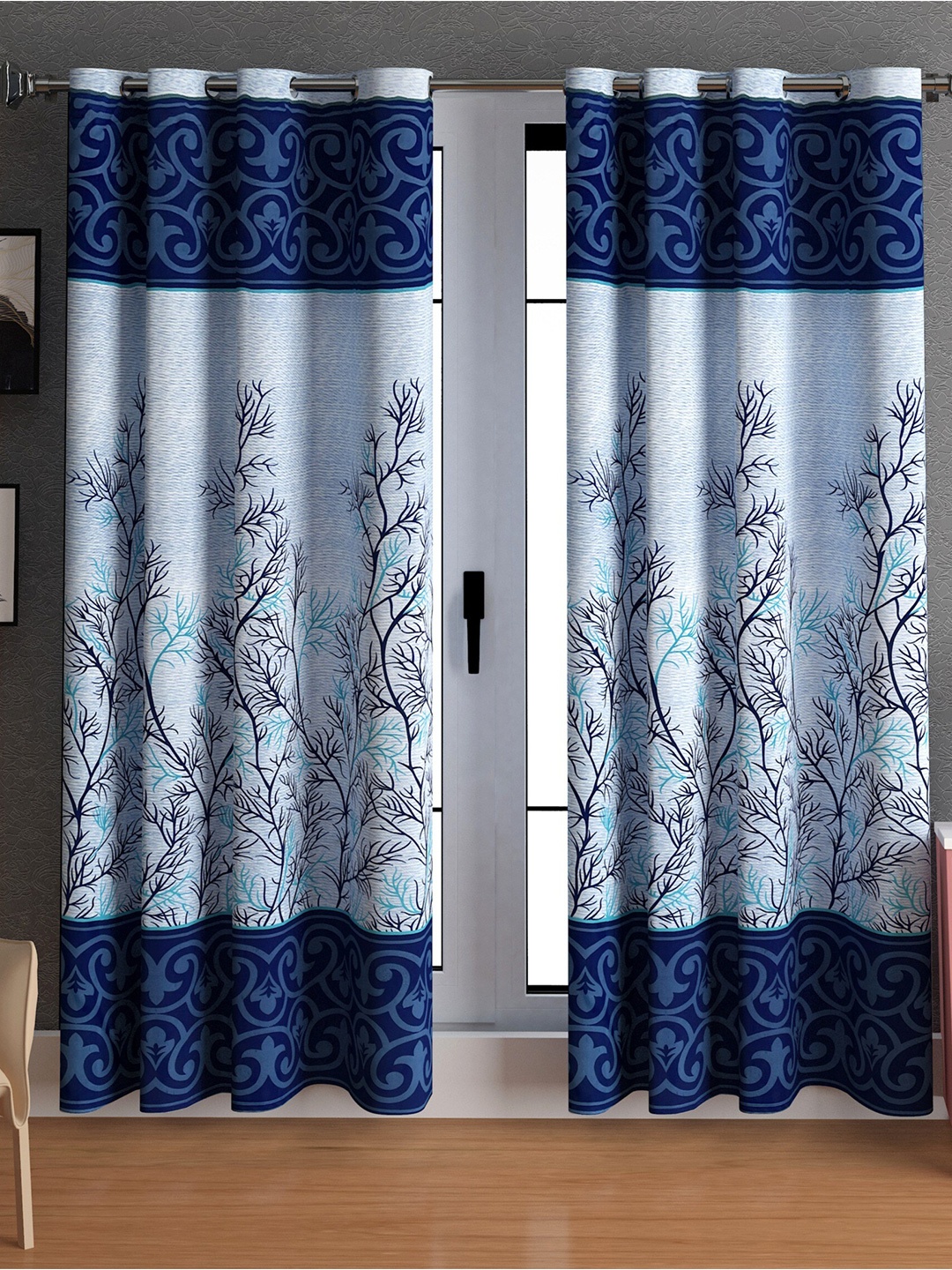 

LA VERNE Blue & Black 2 Pieces Floral Door Curtains