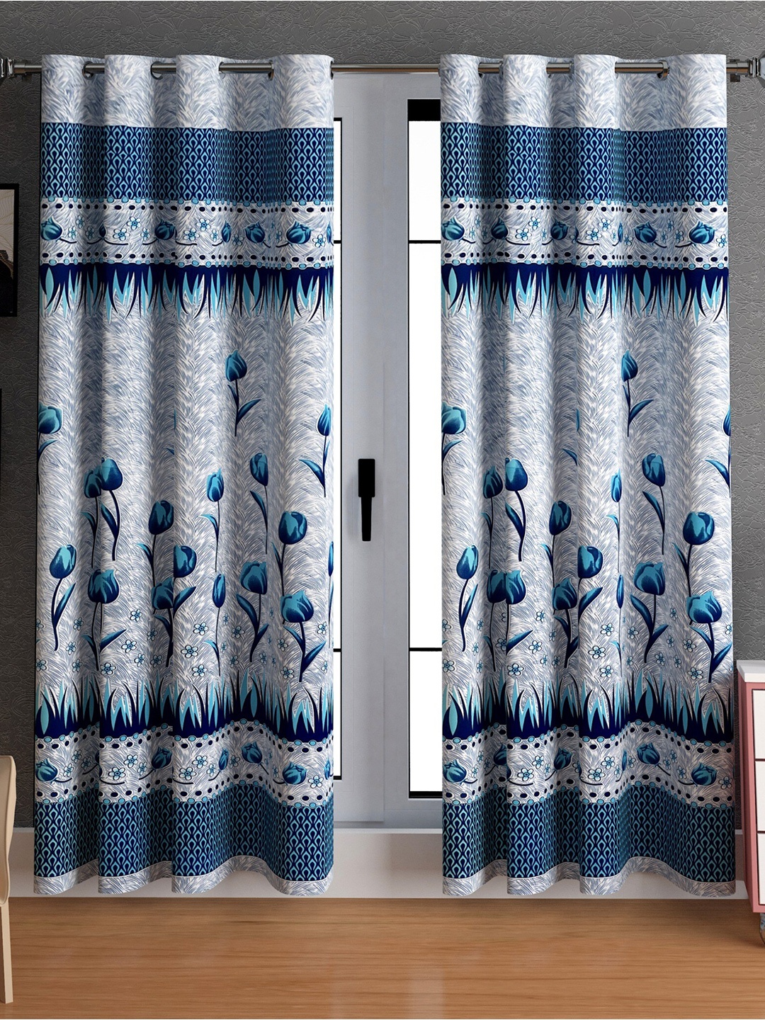

LA VERNE Blue & Grey 2 Pieces Floral Door Curtains