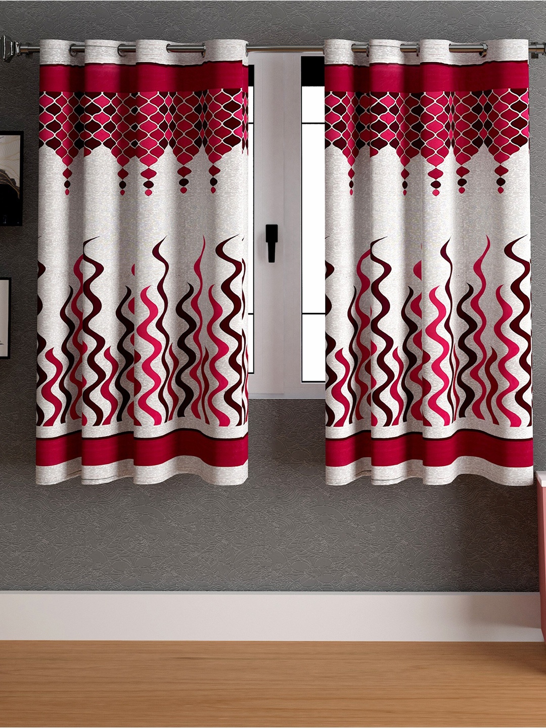

LA VERNE Maroon & White 2 Pieces Abstract Window Curtains