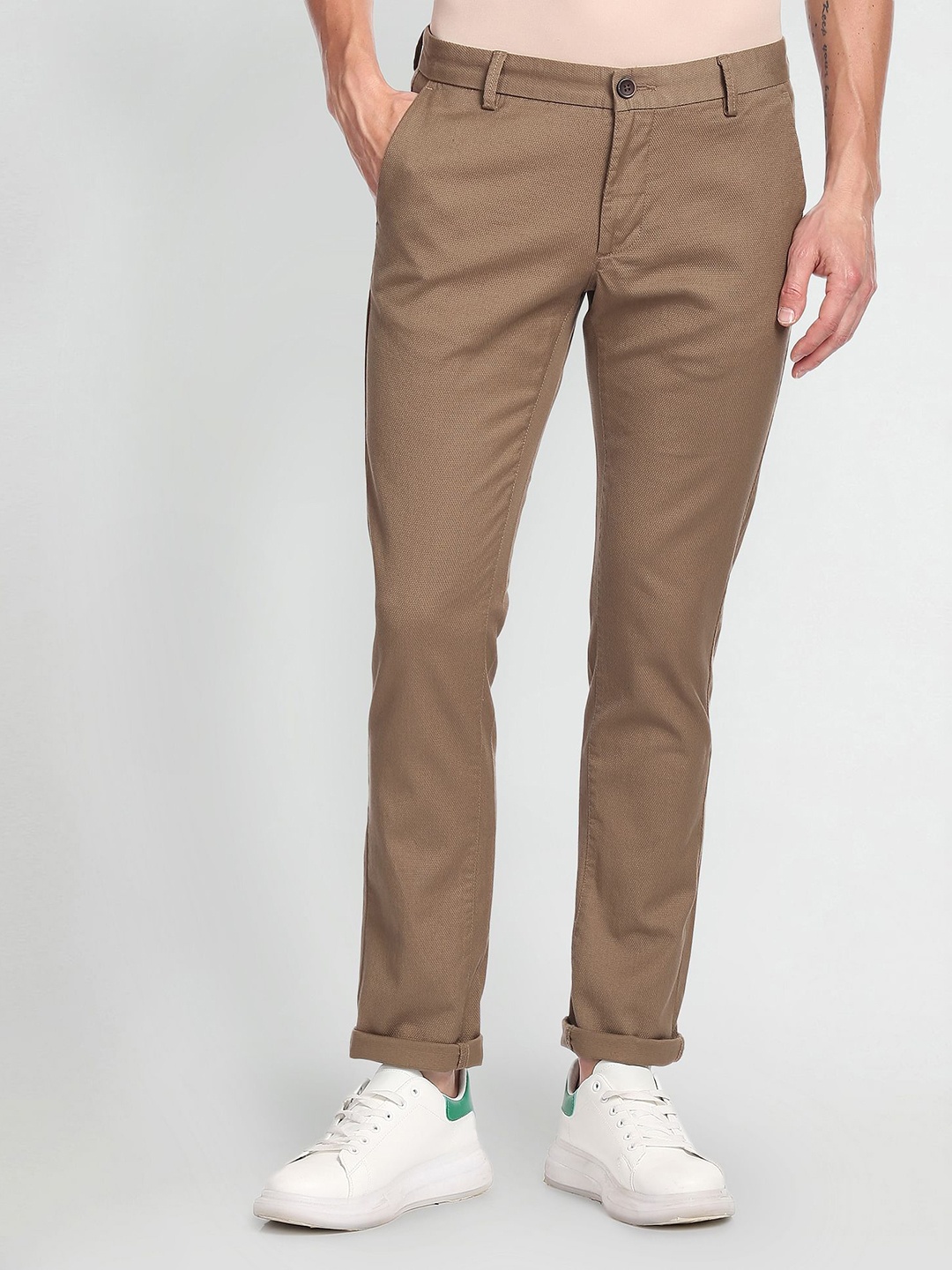 

Arrow Sport Men Textured Slim Fit Low-Rise Trousers, Brown