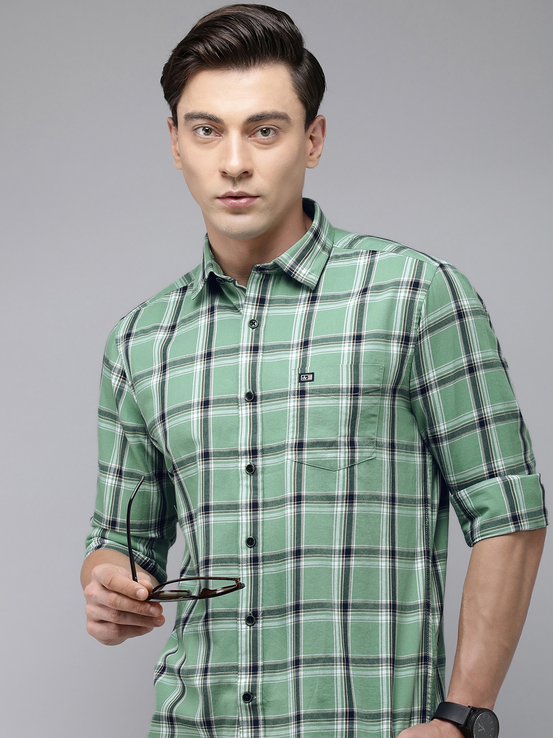 

Arrow Sport Manhattan Slim Fit Checked Pure Cotton Casual Shirt, Green