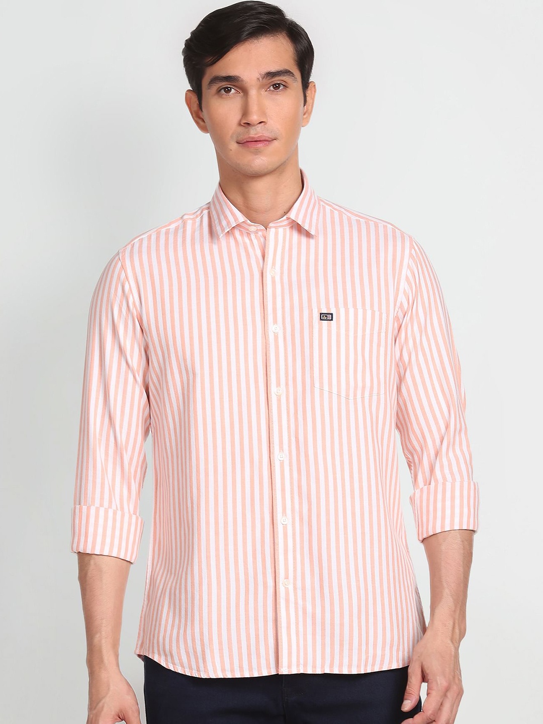 

Arrow Sport Manhattan Slim Fit Striped Pure Cotton Casual Shirt, Orange