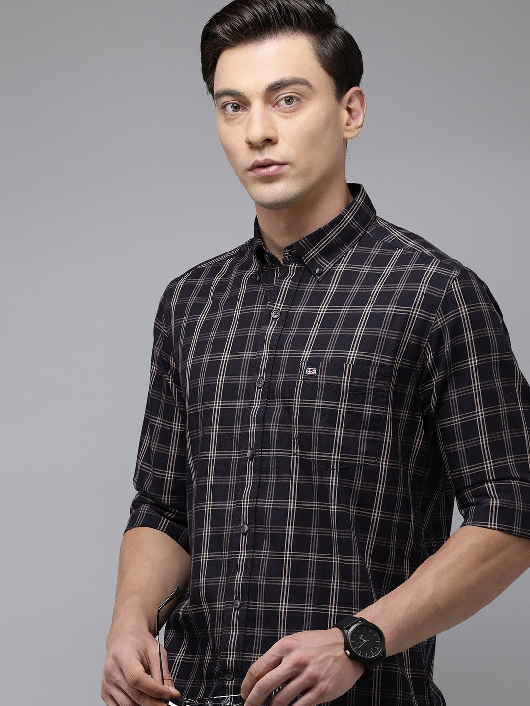 

Arrow Sport Manhattan Slim Fit Checked Pure Cotton Casual Shirt, Navy blue