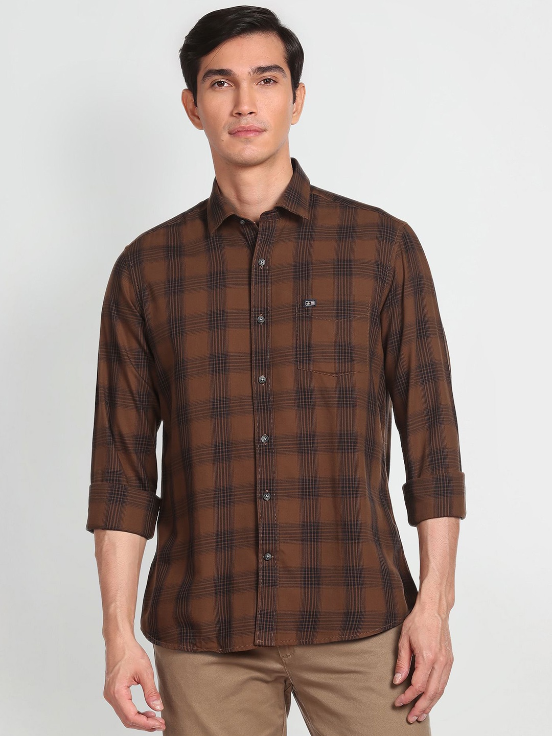 

Arrow Sport Men Manhattan Slim Fit Checked Opaque Pure Cotton Casual Shirt, Brown