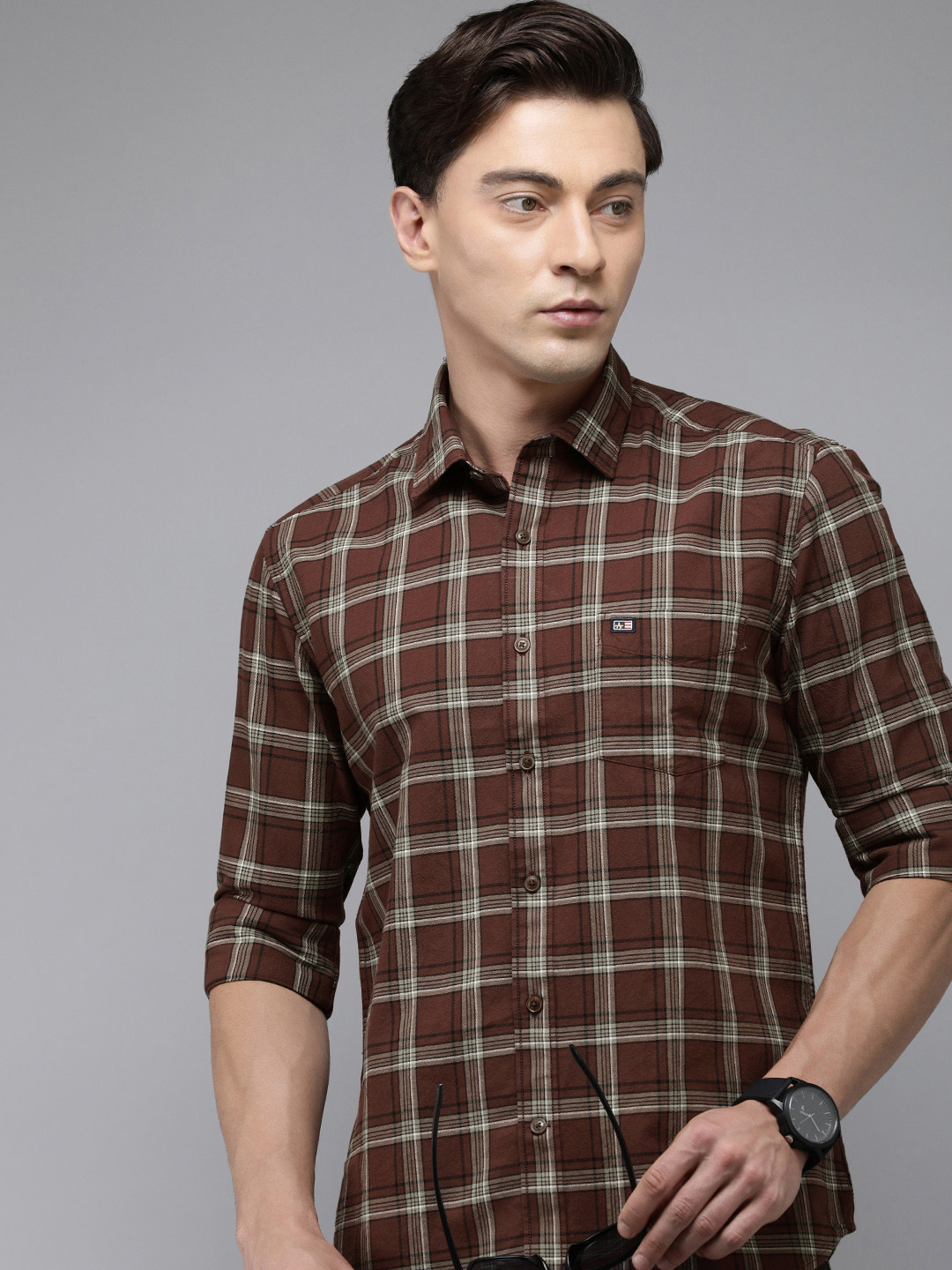 

Arrow Sport Pure Cotton Original Slim Fit Checked Casual Shirt, Brown