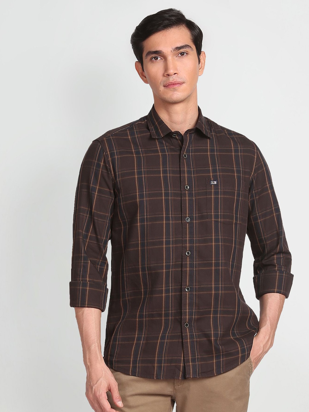 

Arrow Sport Men Pure Cotton Manhattan Slim Fit Tartan Checks Opaque Casual Shirt, Brown