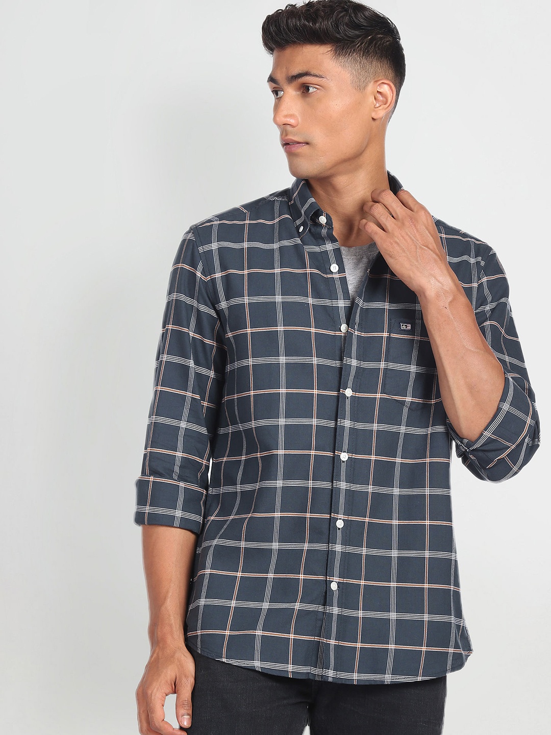 

Arrow Sport Men Pure Cotton Original Slim Fit Checked Casual Shirt, Teal