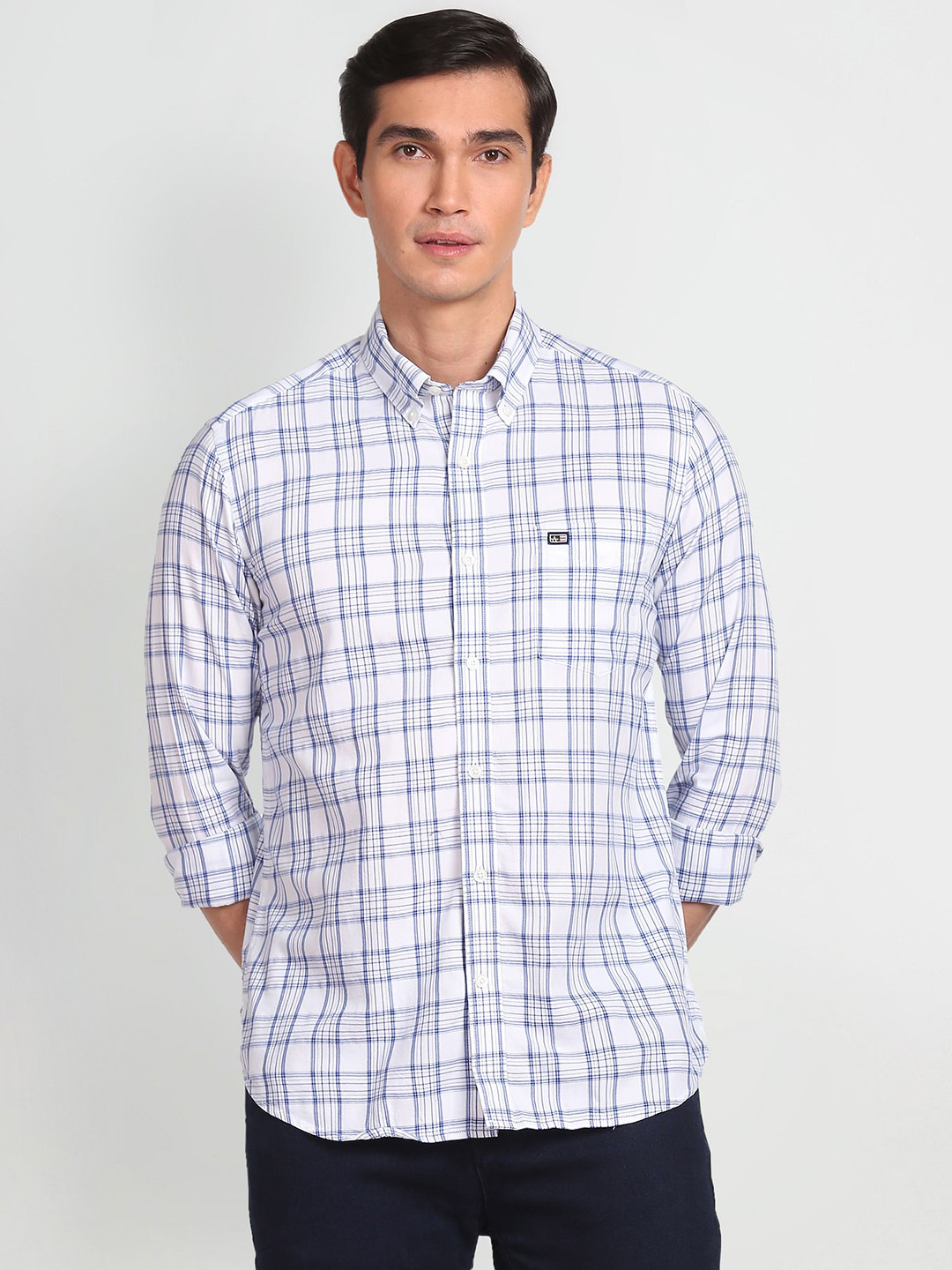 

Arrow Sport Men Pure Cotton Manhattan Slim Fit Tartan Checks Casual Shirt, Blue