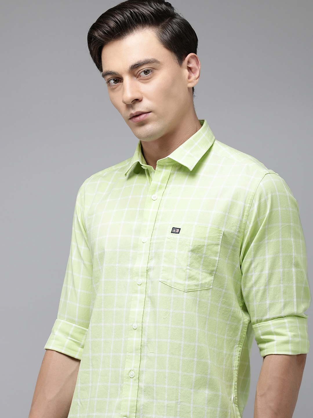 

Arrow Sport Men Slim Fit Windowpane Checks Pure Cotton Casual Shirt, Lime green
