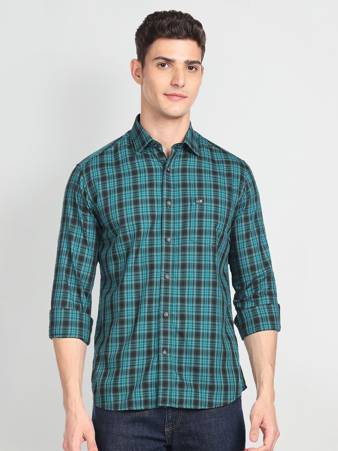 

Arrow Sport Men Pure Cotton Manhattan Slim Fit Tartan Checks Casual Shirt, Green