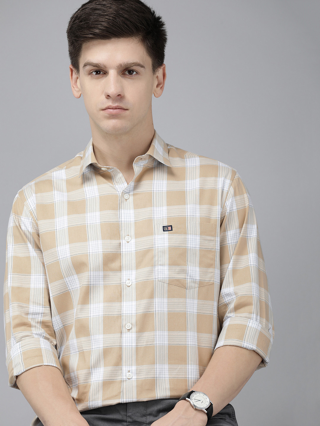 

Arrow Sport Manhattan Slim Fit Pure Cotton Checked Casual Shirt, Beige