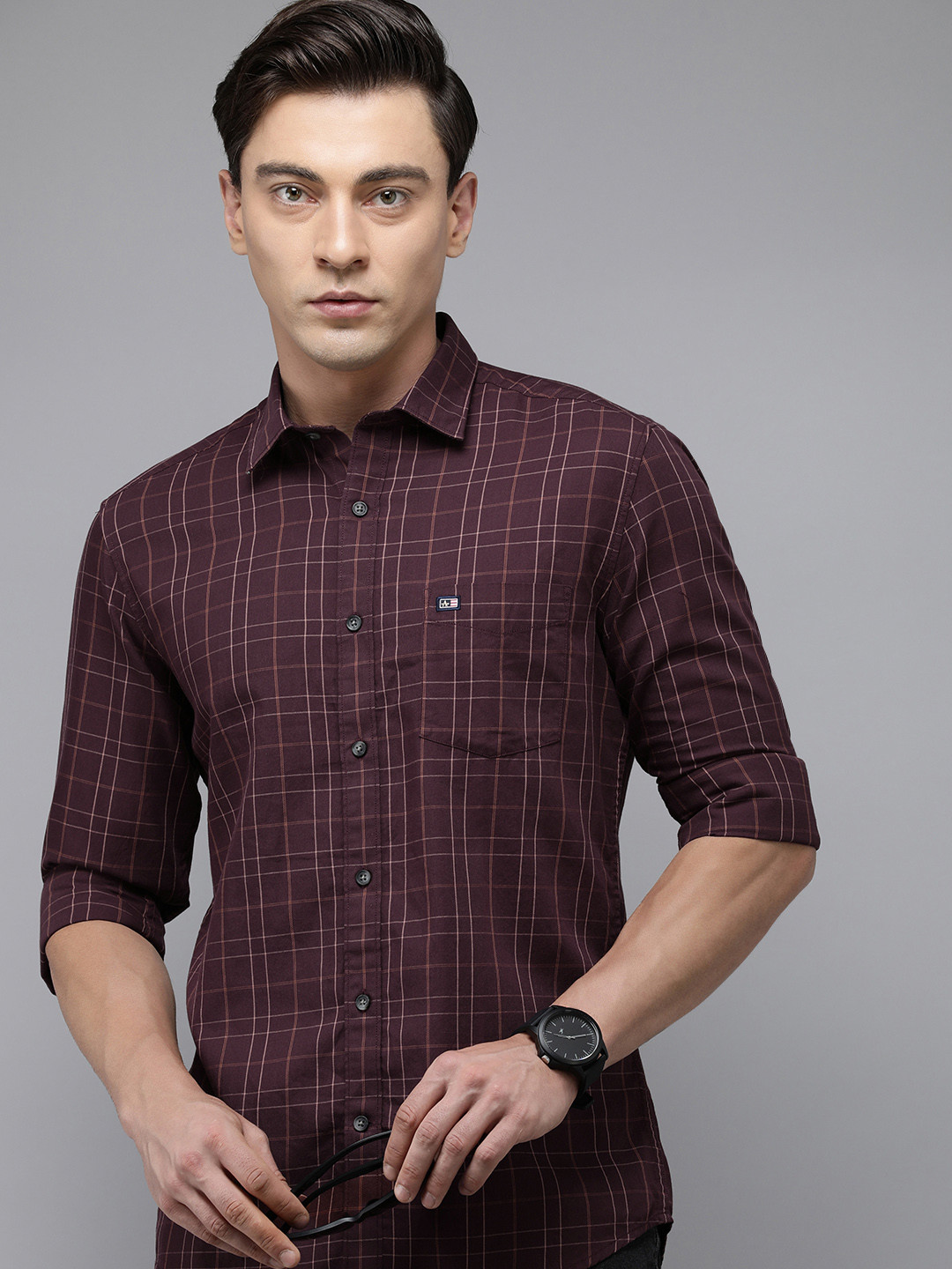 

Arrow Sport Manhattan Slim Fit Checked Pure Cotton Casual Shirt, Maroon
