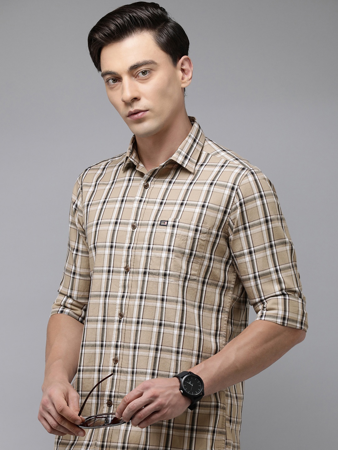 

Arrow Sport Manhattan Slim Fit Checked Pure Cotton Casual Shirt, Beige