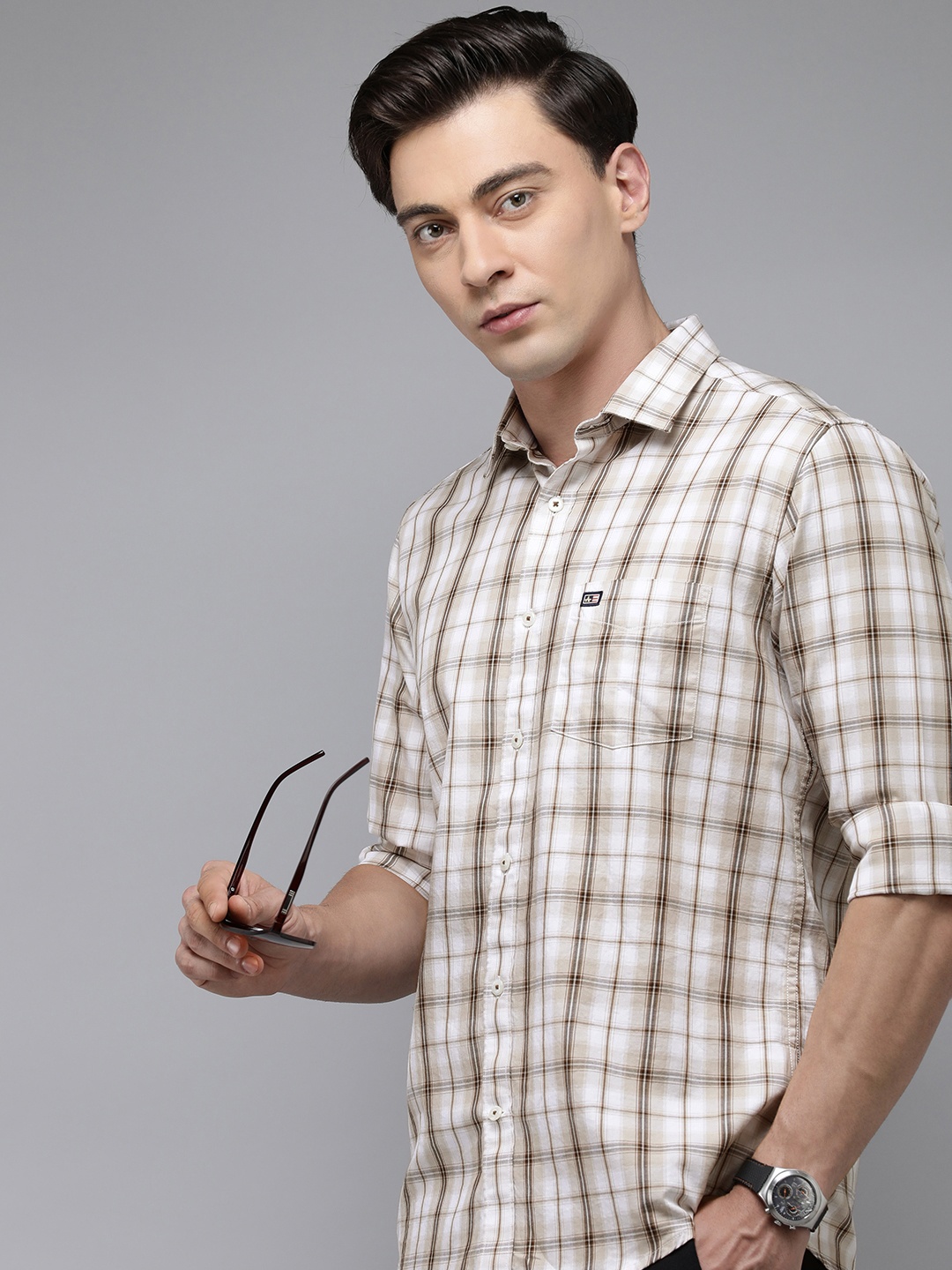 

Arrow Sport Men Pure Cotton Manhattan Slim Fit Opaque Checked Casual Shirt, Brown