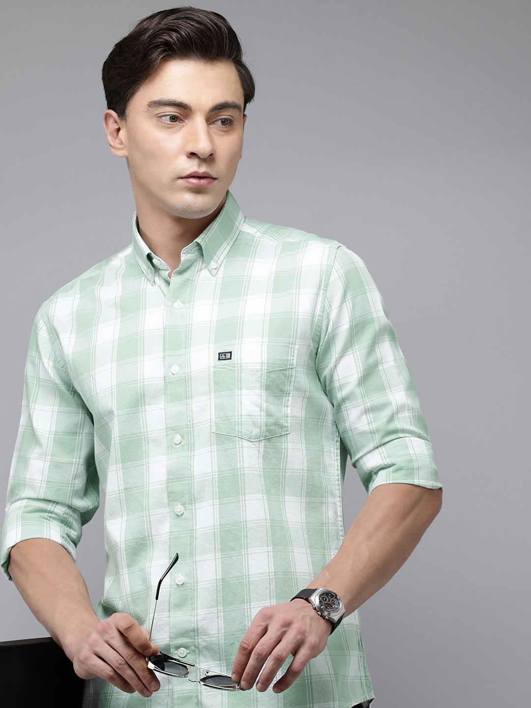

Arrow Sport Men Pure Cotton Manhattan Slim Fit Opaque Checked Casual Shirt, Green