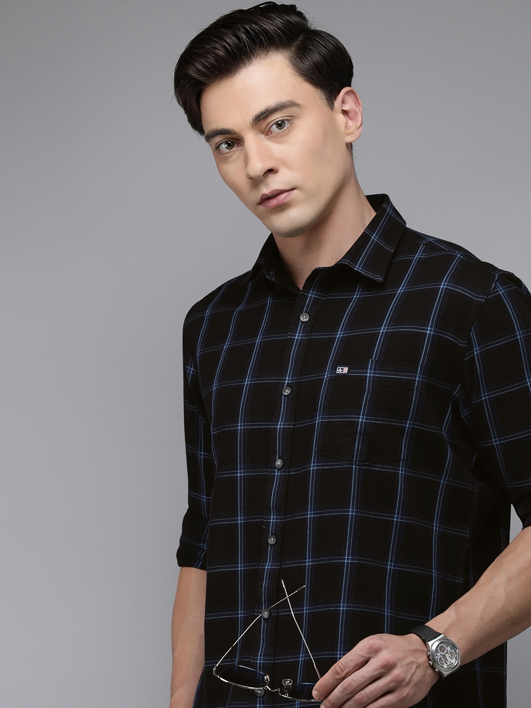 

Arrow Sport Men Pure Cotton Manhattan Slim Fit Opaque Checked Casual Shirt, Black