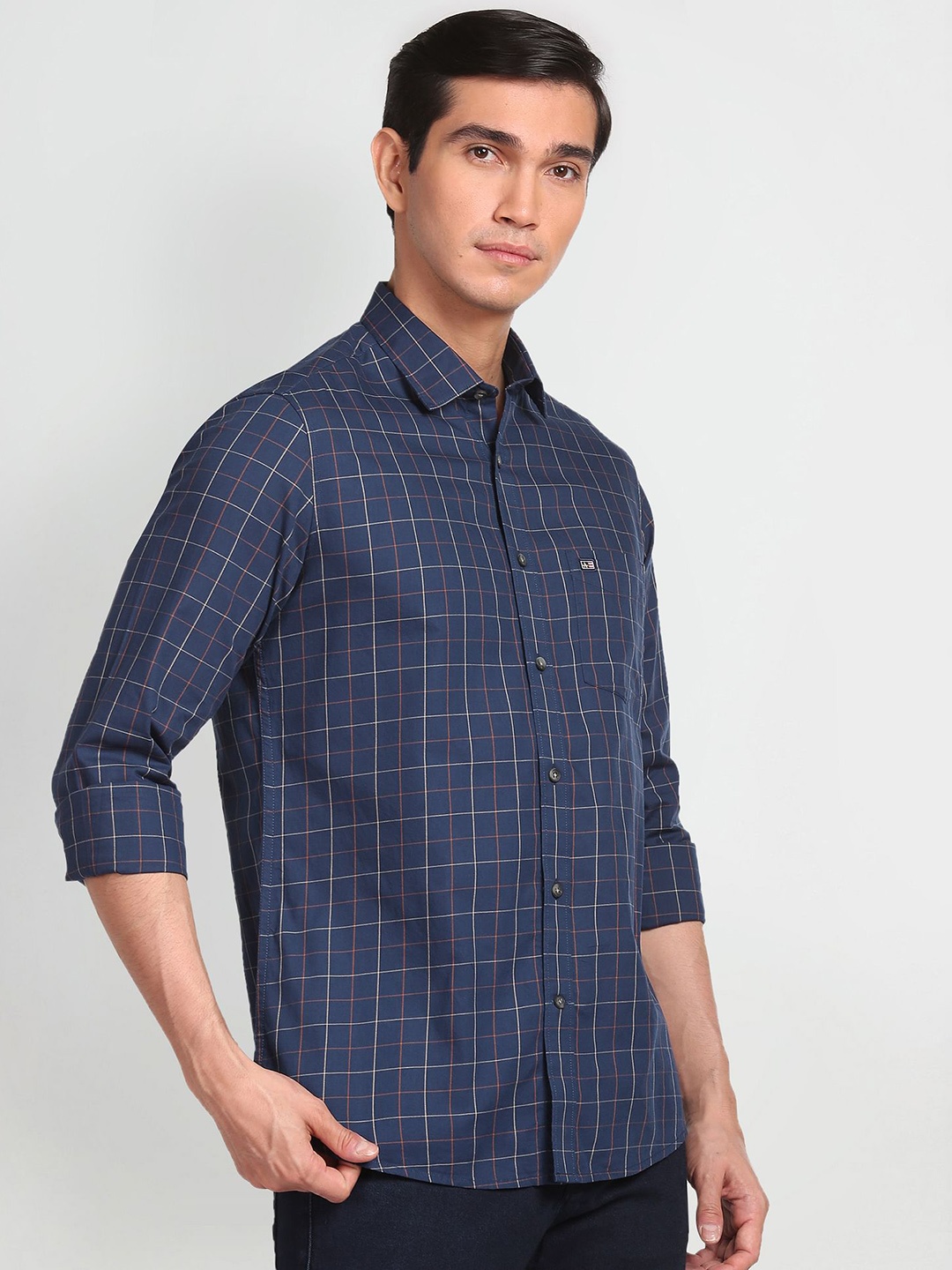 

Arrow Sport Men Pure Cotton Manhattan Slim Fit Grid Tattersall Checks Casual Shirt, Navy blue