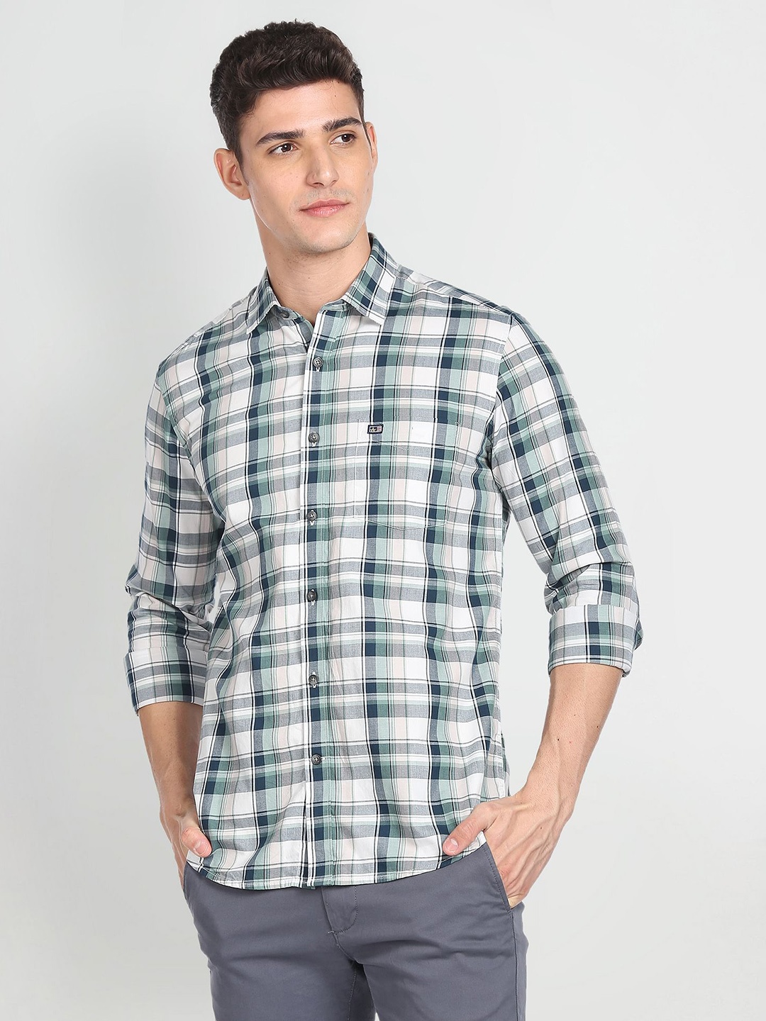 Arrow Sport Pure Cotton Manhattan Slim Fit Tartan Checked Casual Shirt, Green