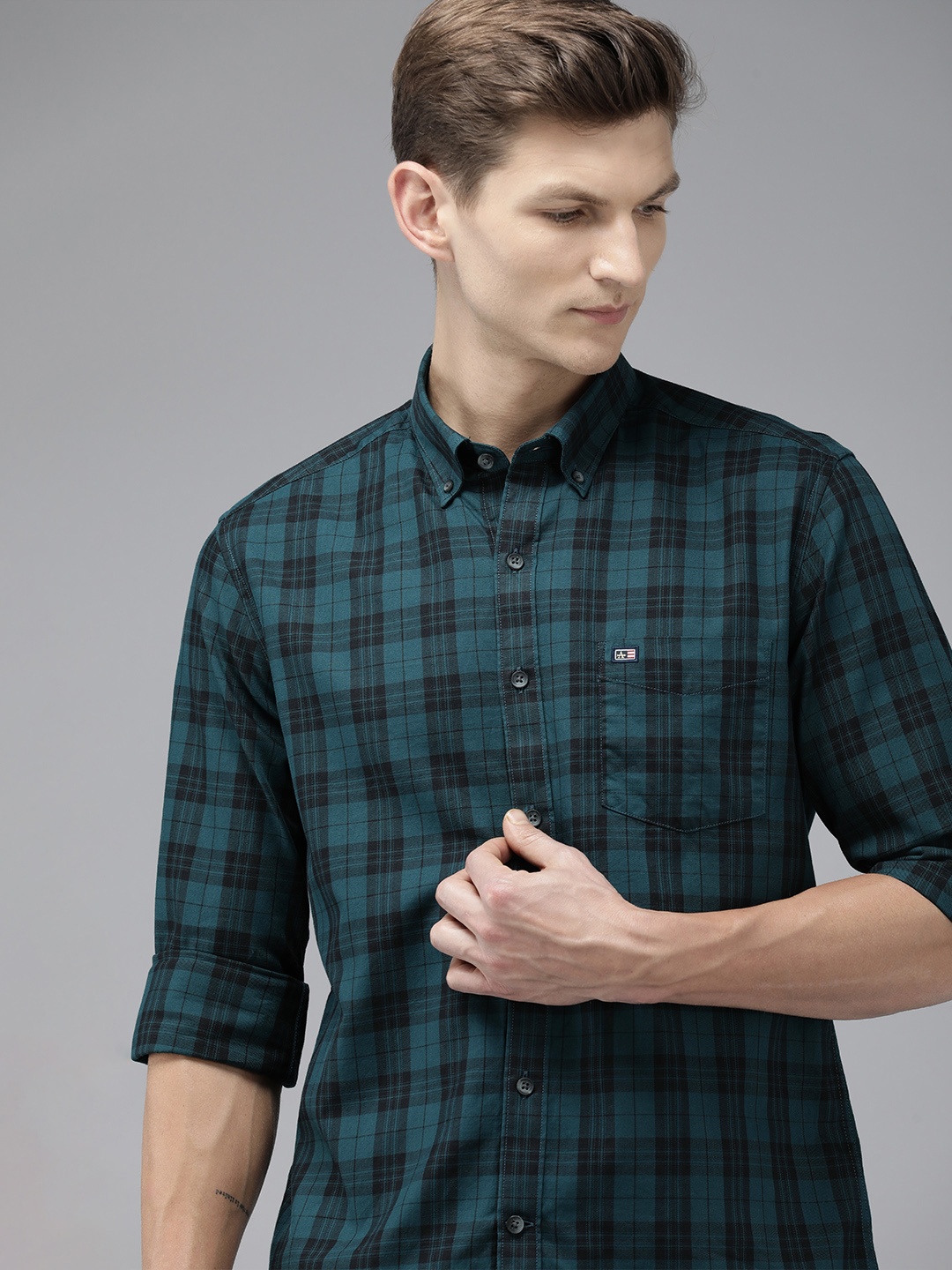

Arrow Sport Slim Fit Checked Pure Cotton Casual Shirt, Green