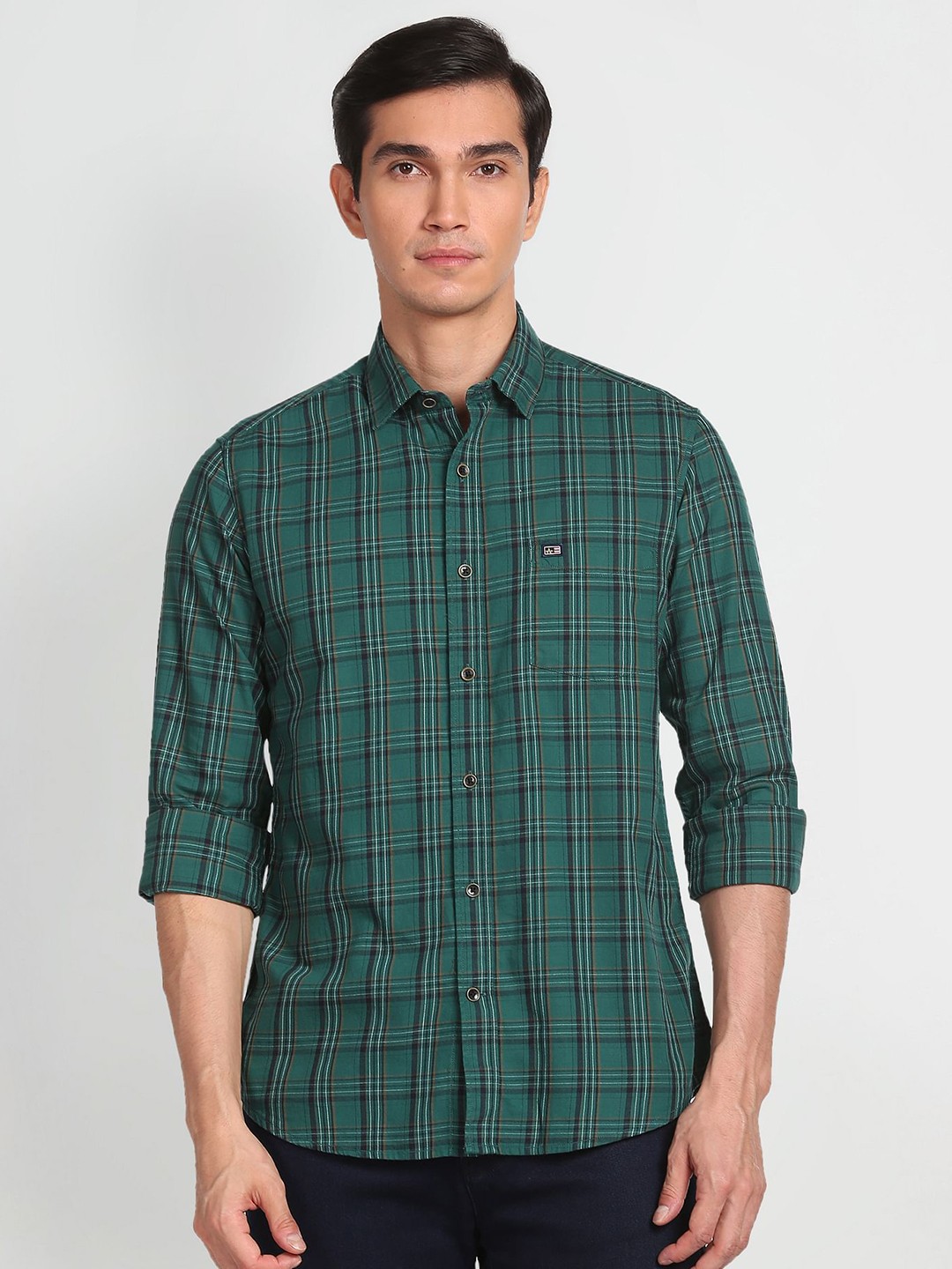 

Arrow Sport Manhattan Slim Fit Checked Pure Cotton Casual Shirt, Green