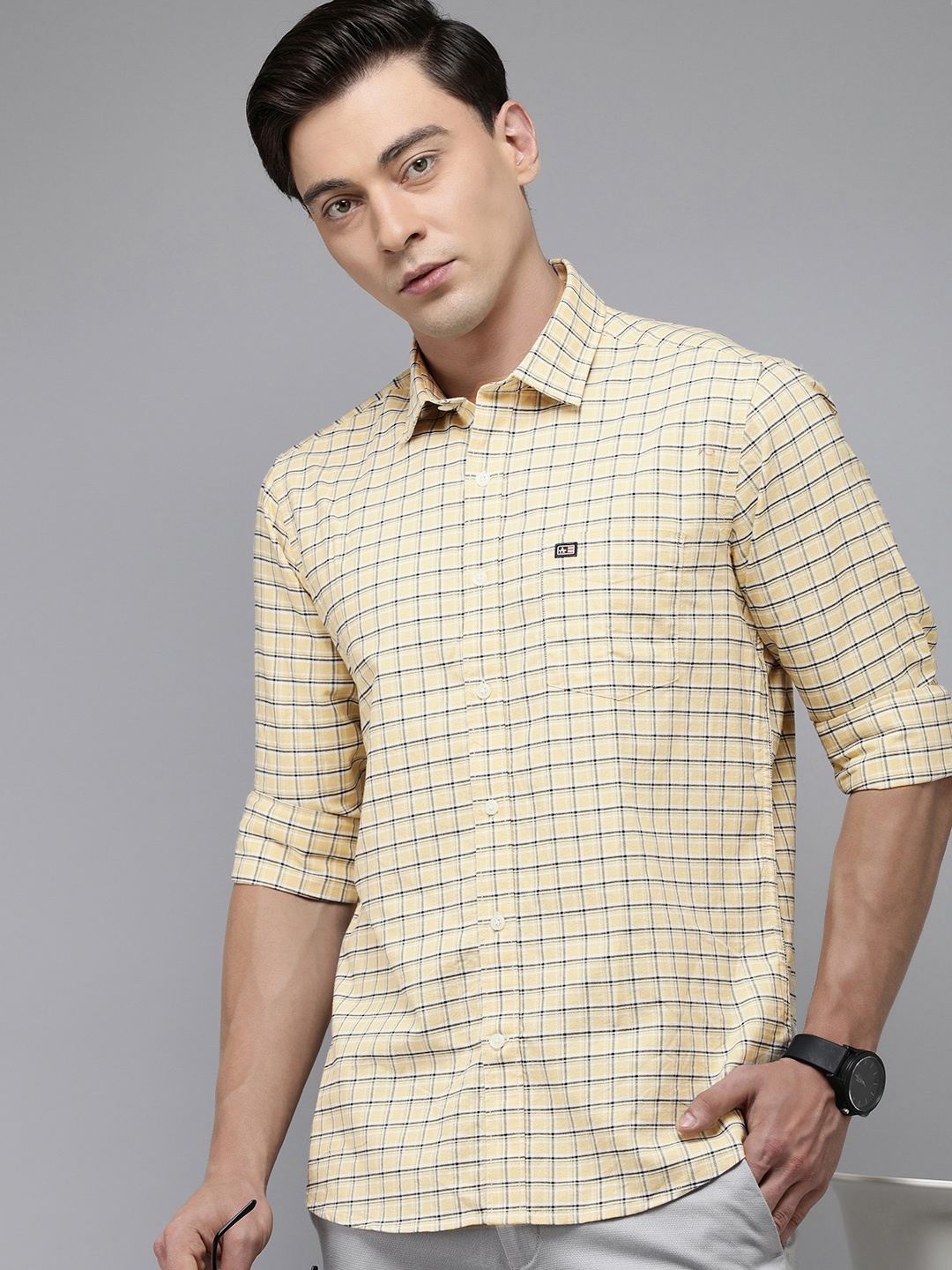 

Arrow Sport Pure Cotton Original Slim Fit Checked Casual Shirt, Yellow