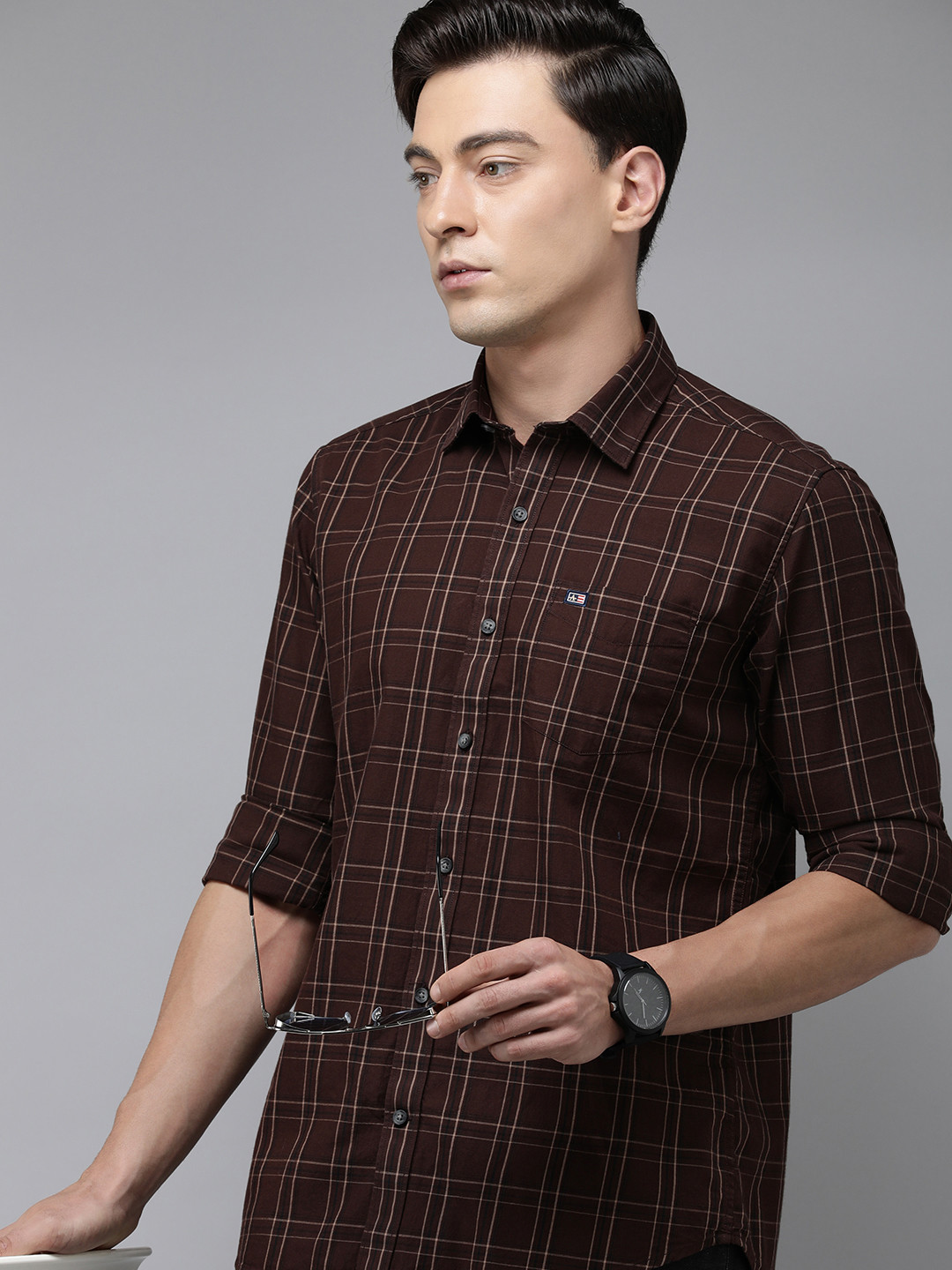 

Arrow Sport Men Pure Cotton Manhattan Slim Fit Tartan Checks Casual Shirt, Coffee brown