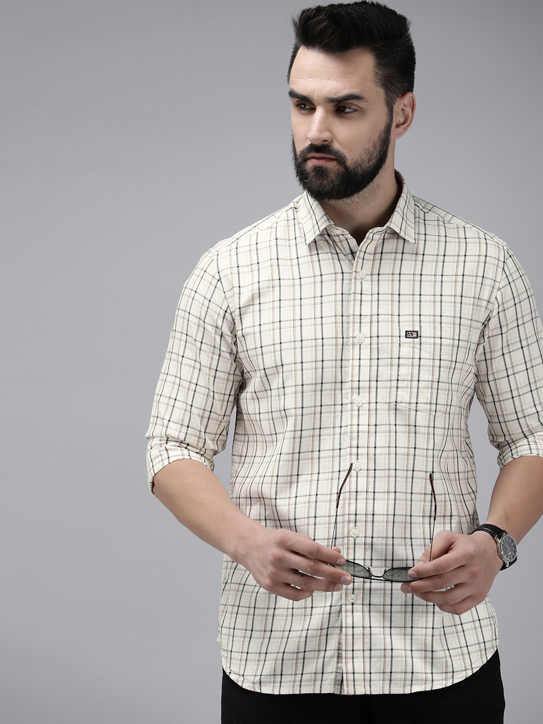 

Arrow Sport Pure Cotton Manhattan Slim Fit Checked Casual Shirt, Beige