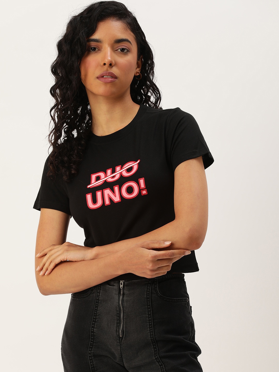 

FOREVER 21 Women Typography Printed Round Neck Crop T-shirt, Black