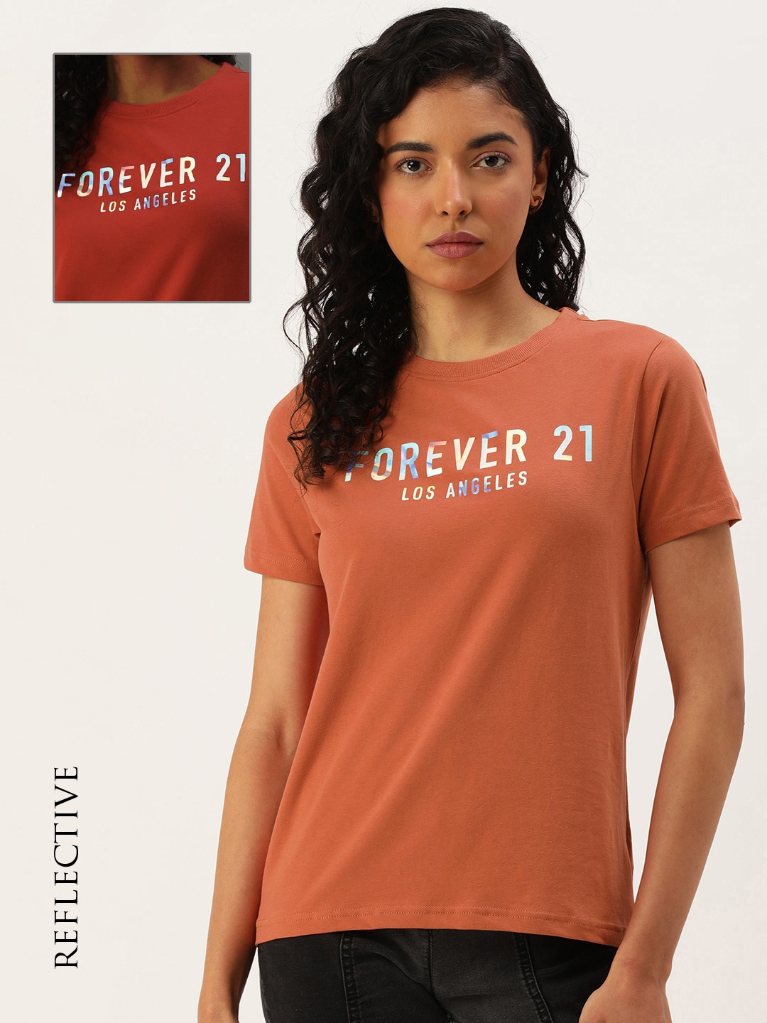 

FOREVER 21 Round Neck Typography Printed T-shirt, Rust