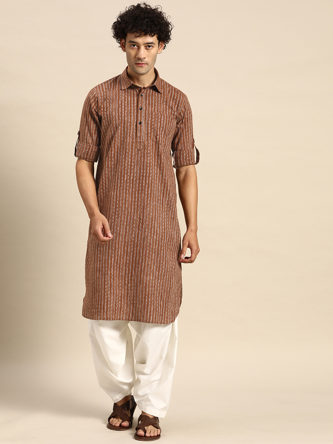 

RAJUBHAI HARGOVINDAS Striped Cotton Pathani Kurta, Brown