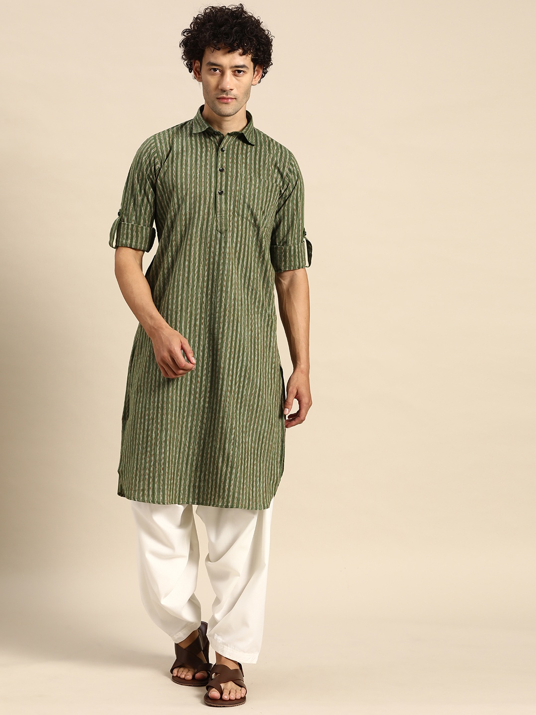 

RAJUBHAI HARGOVINDAS Striped Cotton Pathani Kurta, Green
