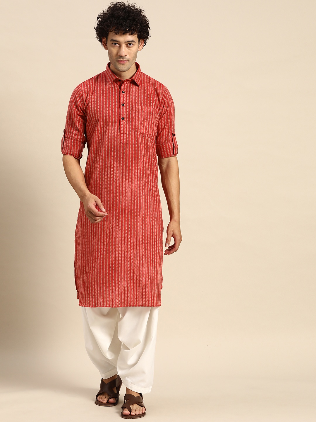 

RAJUBHAI HARGOVINDAS Striped Cotton Pathani Kurta, Red
