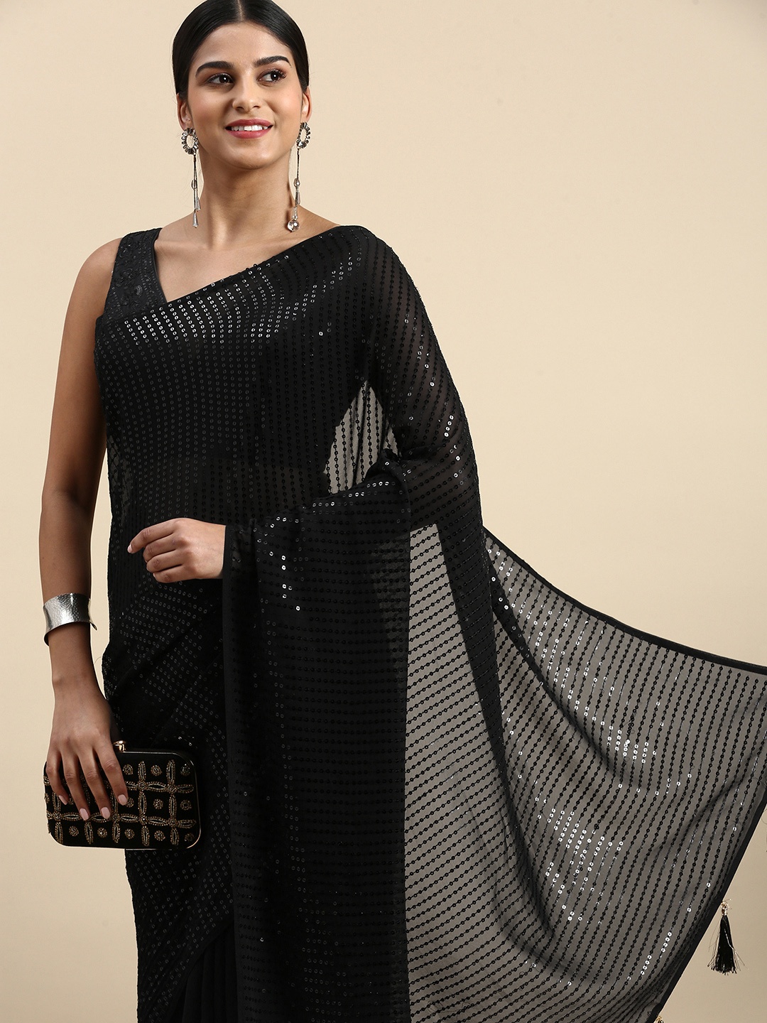 

Pothys Woven Design Sequinned Pure Georgette Saree, Black